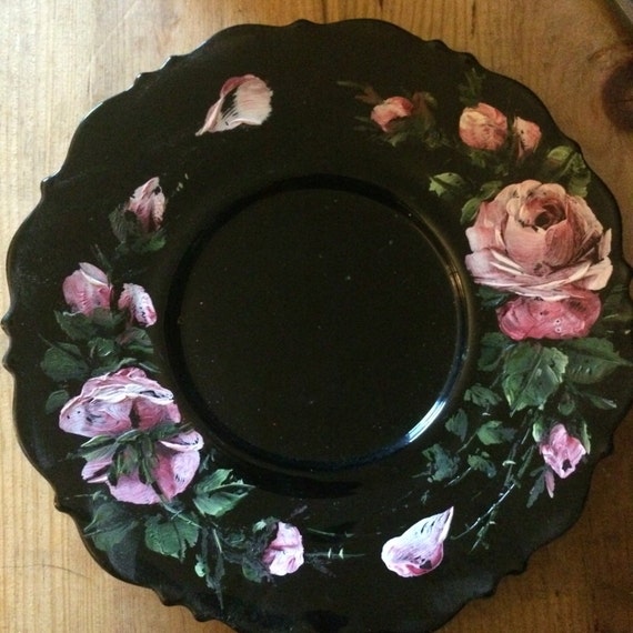 Vintage Black Hand Painted Floral Plate 8 inch Decorative