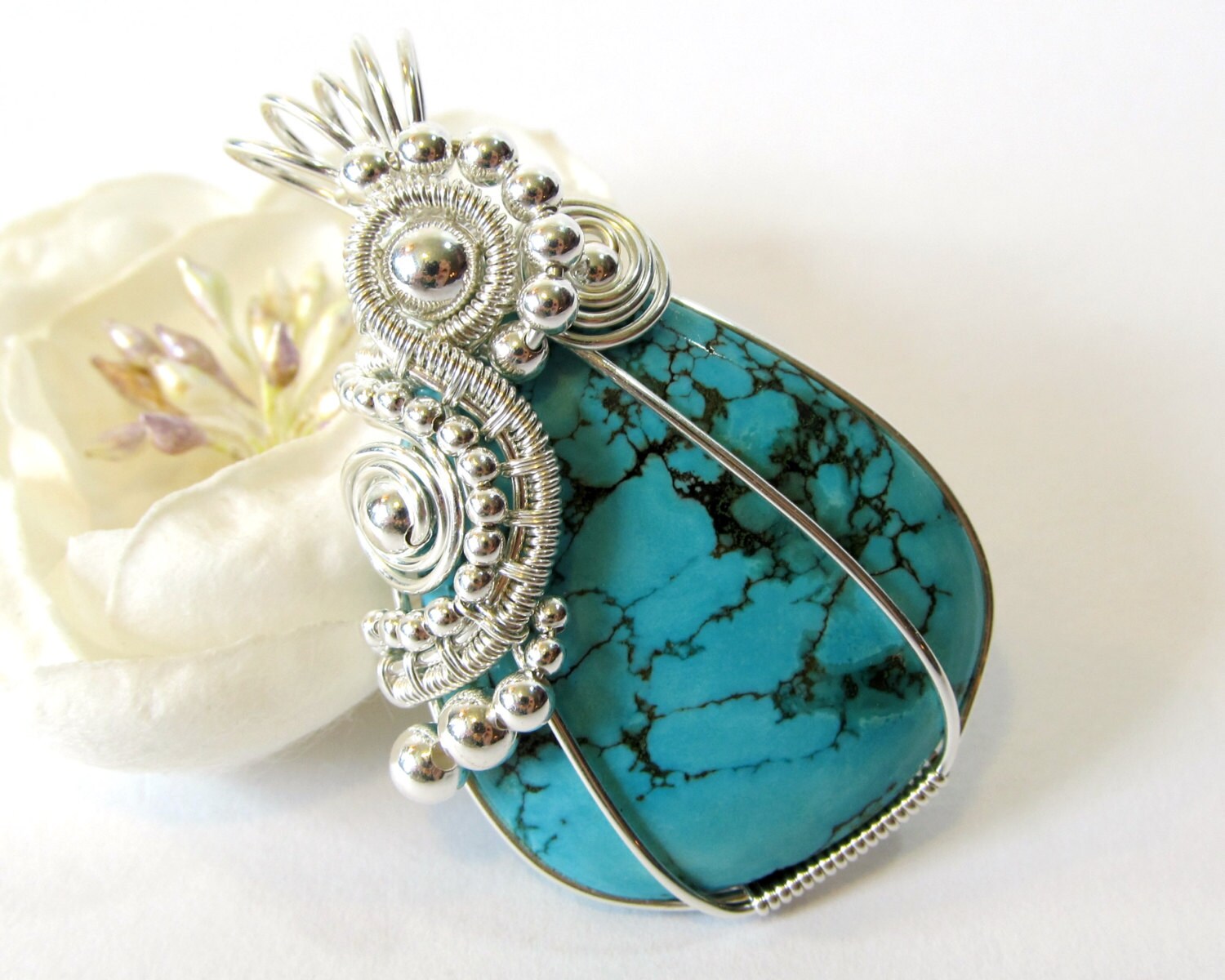 Sterling Silver Turquoise Pendant Handmade Turquoise Wire