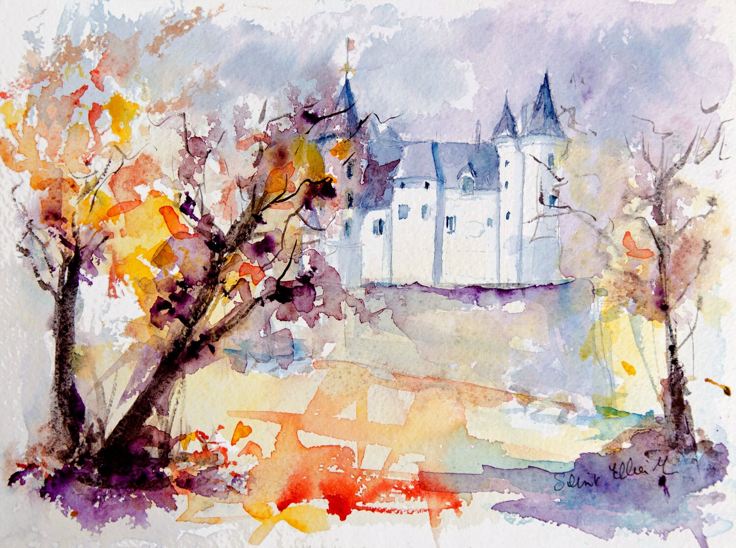Aquarelle originale du château de Saumur dans la vallée de la
