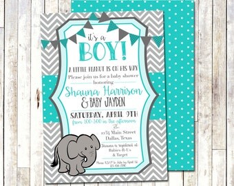 BABY SHOWER INVITATION | Grey & Teal | A little peanut is on his way | Chevron
