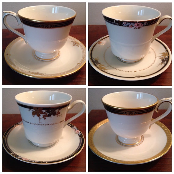 Black & Gold Mismatched Tea Cups and Saucers Set of 4