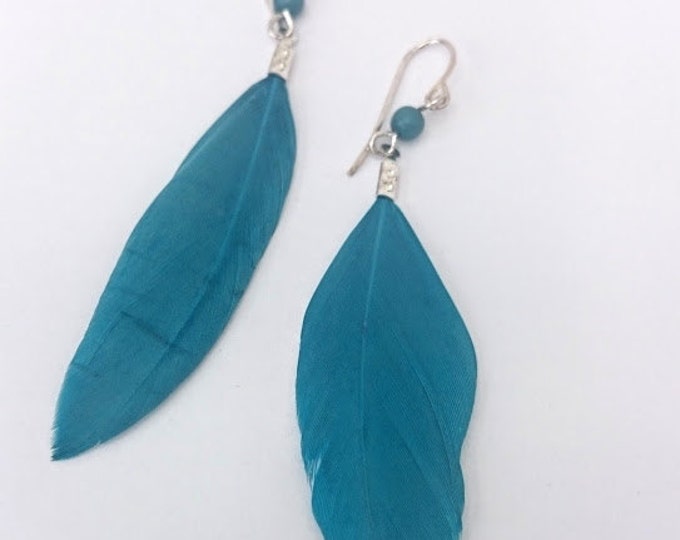 Turquiose Feather earrings Drop earrings Turquoise jewelry Handmade jewellery Gift for her Dangle earrings Boho earrings Unique earrings