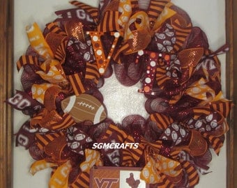 Virginia Tech Hokies Football Wreath VT Football Deco Mesh Wreath Virginia Tech Sports Wreath VT Hokies Wreath Orange Burgundy VT Wreath