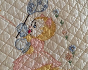 Antique Baby Quilt, Hand Embroidered Antique Baby Quilt, Antique Kittens Quilt, Antique Whole Cloth Baby Quilt