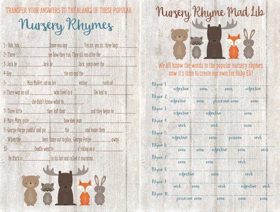 Mad Lib Nursery Rhyme Game Baby Shower Woodland Animals