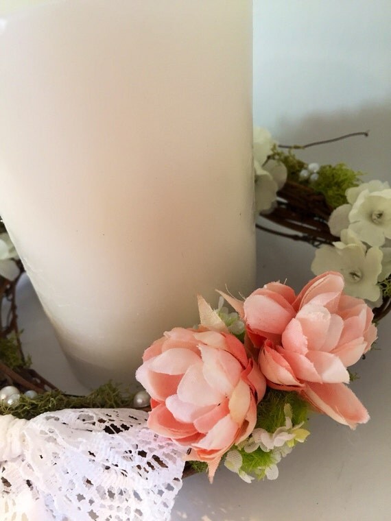 Peach candle ring flower candle holder by WhiteOwlArrangments