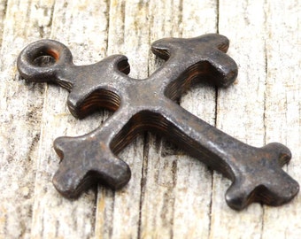 Cross Charm, 2, Antiqued Cross, Pendant, Rosary, Rustic Brown Cross, Patina Cross, Spanish Cross, Crucifix