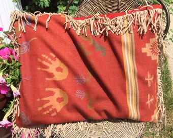 Famous name wool fabric (by Pendleton) with beaded fringe - latex pillow included