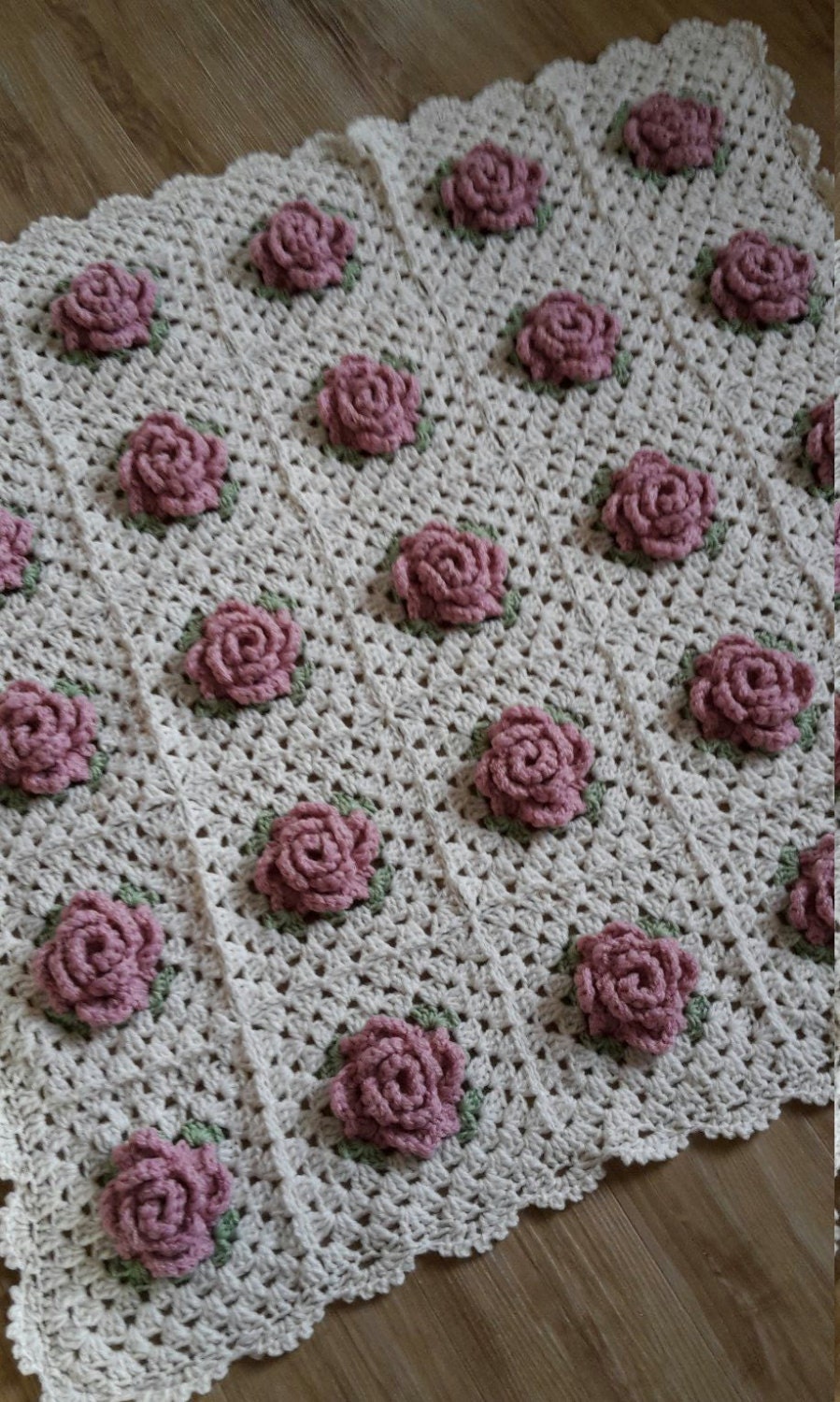 Vintage Rose Blanket Handmade Crochet