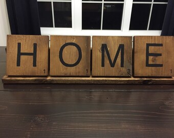 Large wooden scrabble tiles with tray