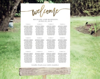 Wedding Seating Chart Template | Editable PDF, Printable Seating Plan Poster, Seating Board | Calligraphy Lettering Gold | ED 5185