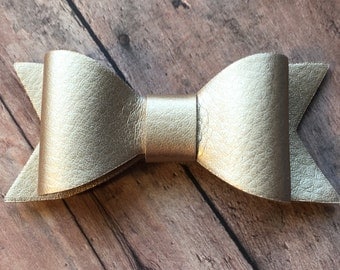 Gold Faux Leather Bow on Shimmer Elastic Headband or Clip, Buy 3 Get 1 Free! Gold Leather Hair Bow, Small Gold Hair Bow, Gold Hair Bow