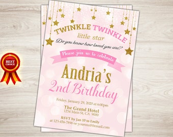 Twinkle Twinkle Little Star Birthday Invitation, Twinkle Little Star First Birthday Invitation Pink gold Little Star 2nd Birthday Invitation