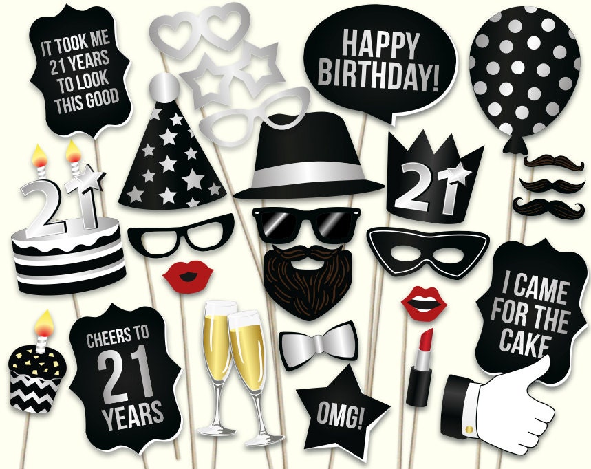 21st birthday photo booth props: printable PDF. Black and