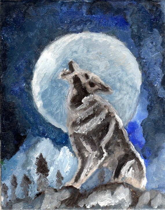 Original Painting Wolf howling at a perfect moon by Artswithlove