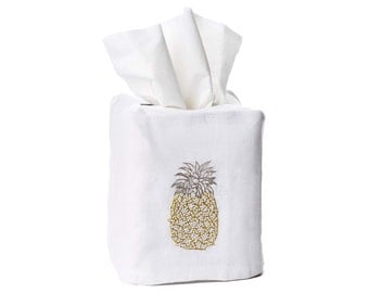 Hand Embroidered Pineapple - Linen Tissue Box Cover