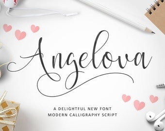 Angelova - Digital fonts. Download this handwritten font. Can be used as an digital installable font. Perfect as a wedding font or for craft