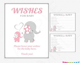 Pink and Gray Elephant Baby Shower, Girl Baby Shower, Wishes for Baby Girl Card + Sign, Printable Baby Shower Wish Cards Download EL0005-lp