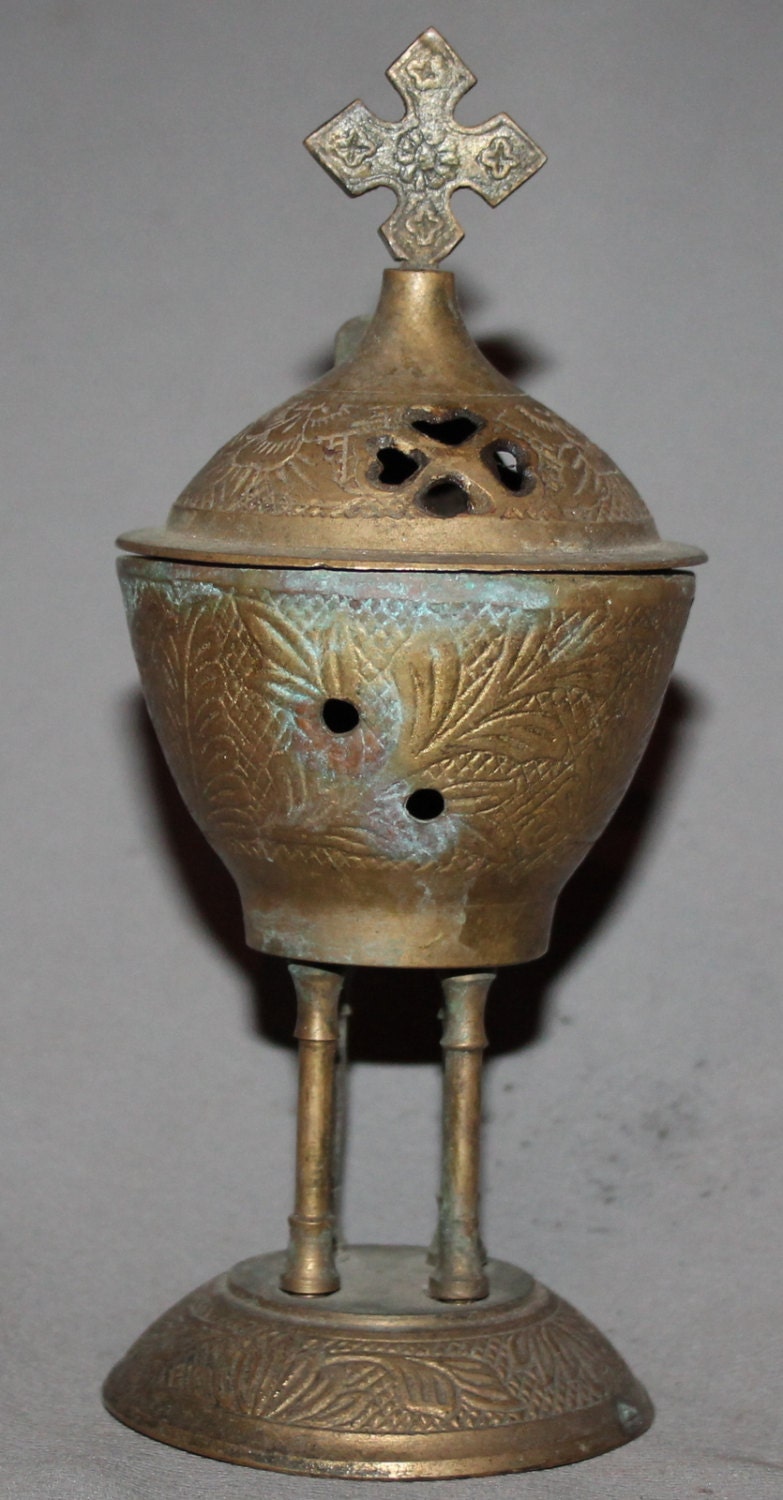 Antique Floral Brass Incense Burner With Cross