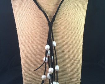 Black leather pearl necklace
