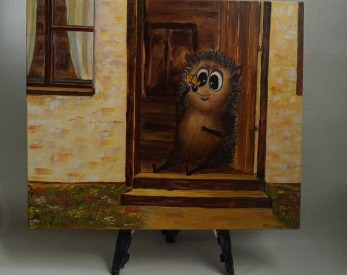 Sale 20%, Oh, Butterfly!-Hedgehog series of Timothy-Oil Painting On Canvas By Nikulina Yulia- size 24*20( 60*50 cm)- naive painting
