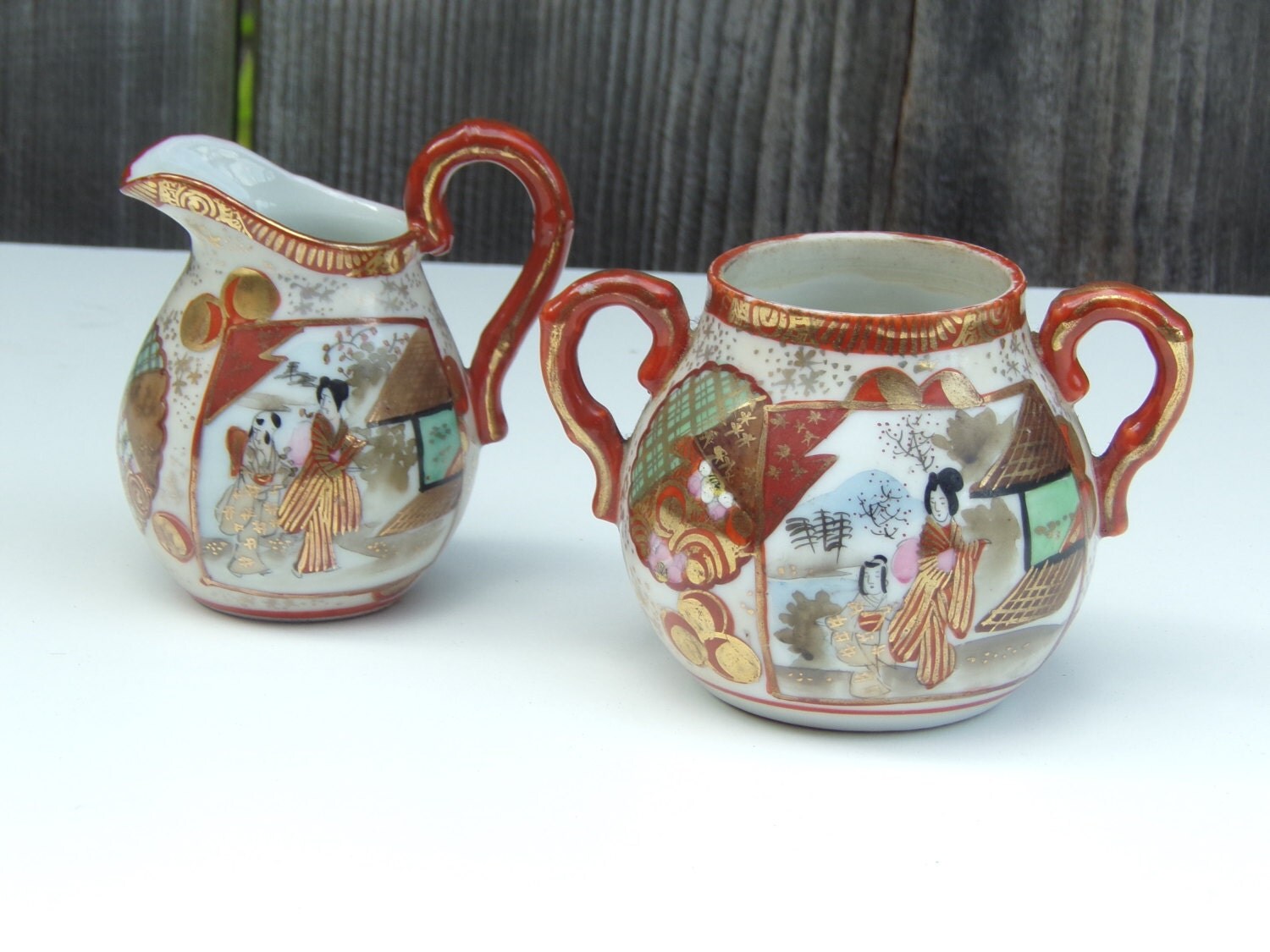 Antique Porcelain Japanese Kutani Sugar bowl and Creamer late