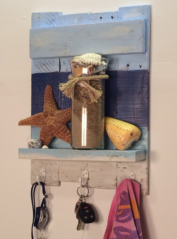 Beach theme shelf with hooks nautical rustic by LakeViewWoodArt