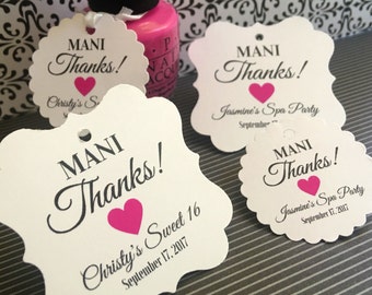 Favor tags, Mani Thanks, Thank you favor tags, bachelorette party, spa party, sweet sixteen or more, nail polish favor tags