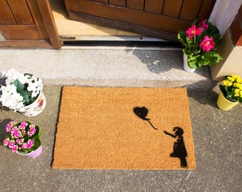 Banksy-style Girl with Balloons quirky doormat - 60x40cm