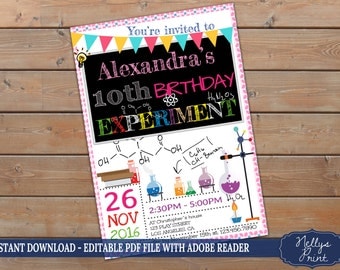 Science birthday party invitation, Science birthday invitation, Science party, Self Editable PDF file, Instant Download, Girl Invitation