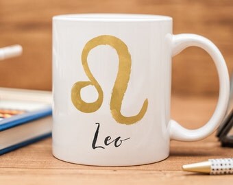 Leo mug, with brush painted zodiac sign
