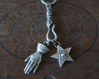 Snake Charmer - Solid Silver Charm Necklace with Hand Holding Snake Hook, Star and Antique Hand Charms