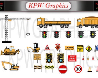 Construction Clipart Set 1 with vehicles and accessories in quality PNG format. Personal & Small Commercial use (PK1)