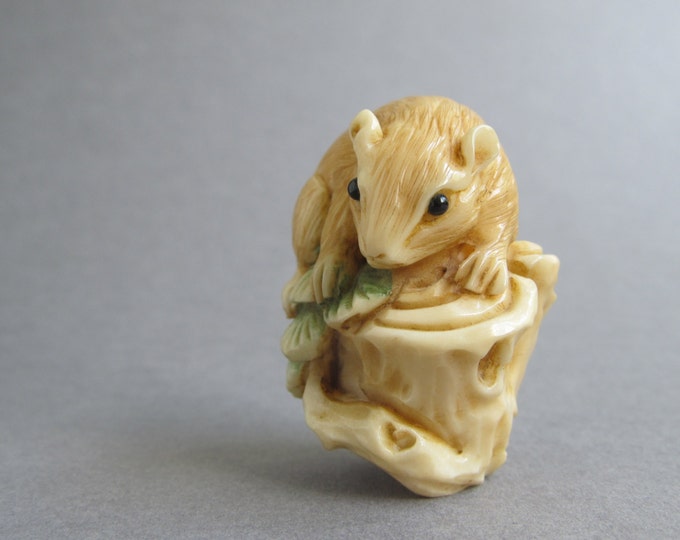Tagua nut okimono of a squirrel in a pine tree, miniature figurine, Japanese vegetable ivory ornament carving