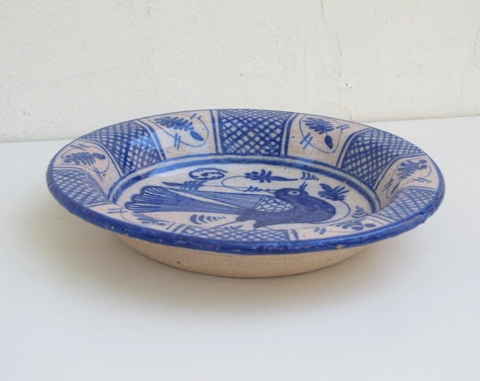 Vintage earthenware wall plate, folkart ceramic dish, clay fruitbowl, blue and white bird of paradise, vintage copy 17th cent. delft plate