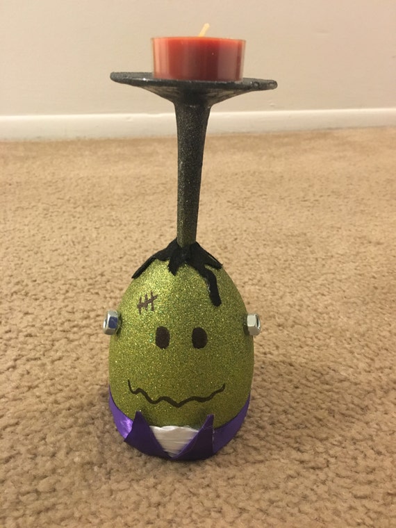 Items similar to Halloween Frankenstein wine glass candle holder on Etsy