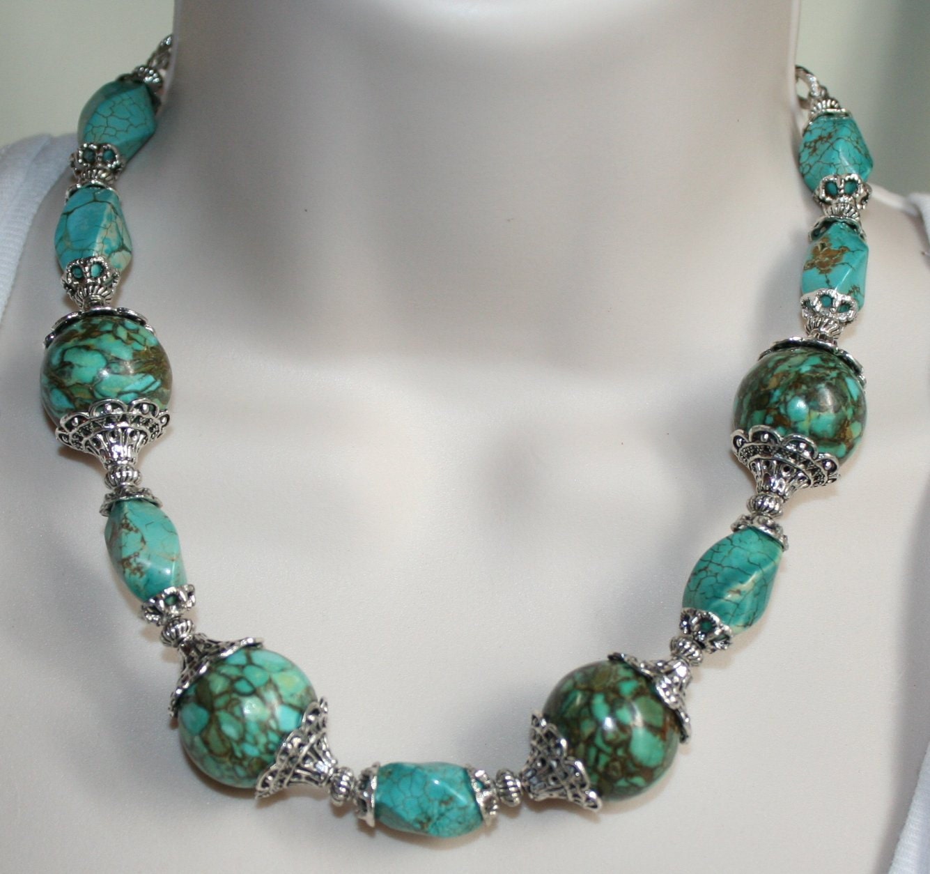 Large Mosaic Turquoise Bead Statement Necklace Turquoise Blue