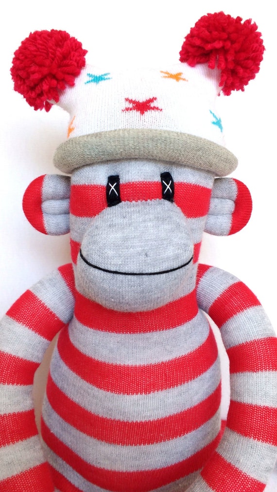 red and white striped sock monkey