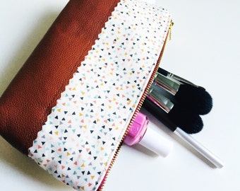 Leather Pouch Triangles, Makeup Bag, Leather Clutch, Small Leather Pouch, Toiletry Bag for Women
