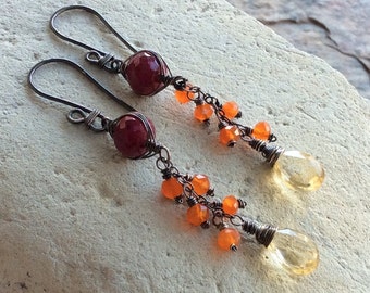 RUBY, CITRINE and CARNELIAN Multi Gemstone earrings, sterling silver jewelry, woven, handmade by Angry Hair Jewelry