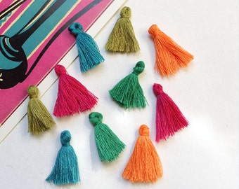 10 mini cotton tassels 25mm Bohemian Moroccan / Indian style mix orange, fuchsia, turquoise, olive, jade #30b