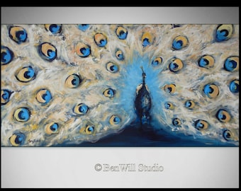 PEACOCK Painting - ORIGINAL Blue and White Peacock Art Oil Painting - 48x24 Original Artwork by BenWill