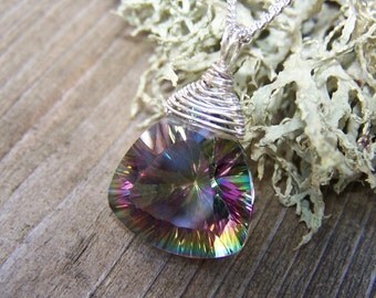 RESERVED...Mystic Topaz, trillion cut briolette, sterling silver wrap, Necklace