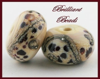 Snow Leopards...Ivory and Brown Glass Bead Pair - Handmade Lampwork Beads SRA, Made To Order