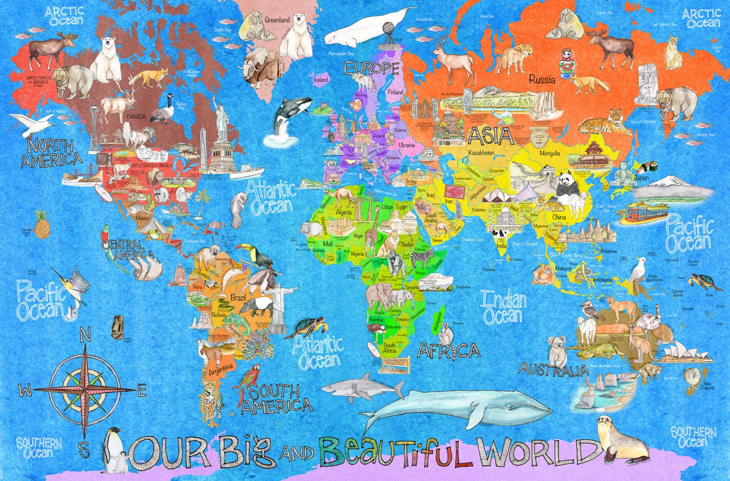 countries and landmarks of the world map for children dark