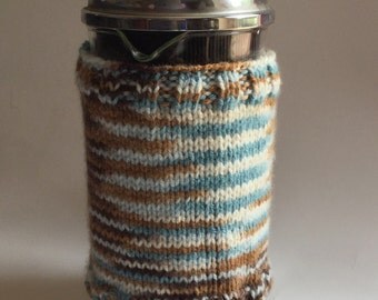 Blue and Brown French press cozy cafetiere cosy hand knitted