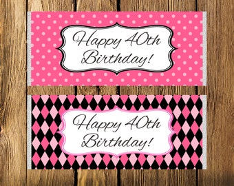 Printable 40th Birthday Pink and Black Large Candy Bar Wrappers - Instant Download