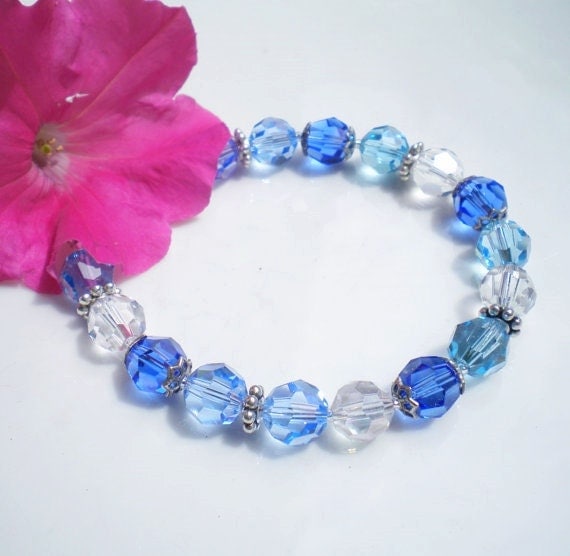 Sapphire Swarovski Crystal Bracelet Beaded Lt Sapphire Aquamarine Clear Crystals Silver Beadcaps