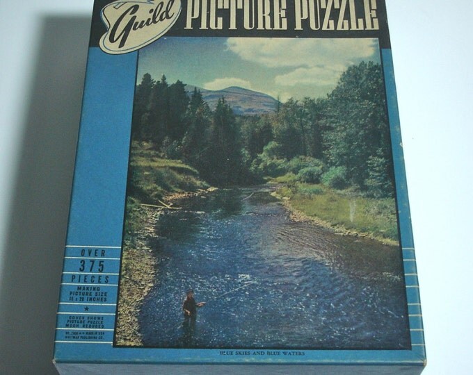 Jigsaw Picture Puzzle Blue Skies and Blue Waters Fisherman Vintage 1940s Guild 2900