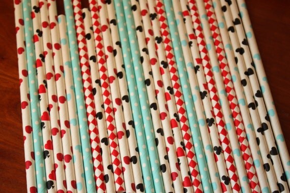Queen of Hearts Straws, Alice in Wonderland, Black Red Hearts, Paper Drinking Straws, Mad Hatters Tea Party, Red Blue Birthday, Playing Card Il_570xn
